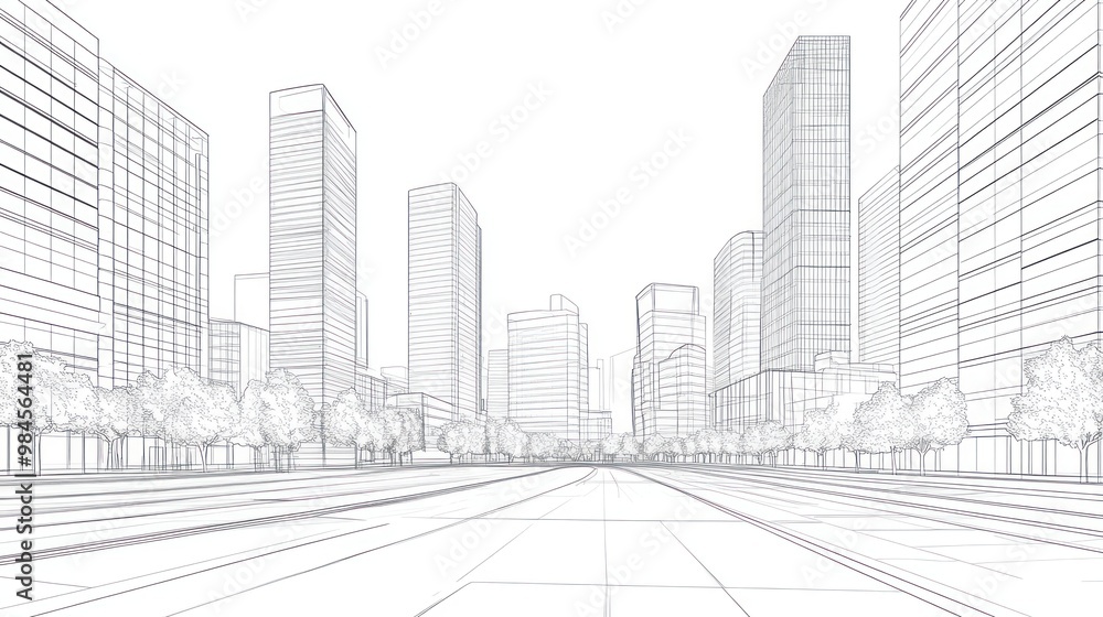 A minimalist cityscape illustration featuring skyscrapers and trees. A minimalist cityscape illustration featuring skyscrapers and trees.