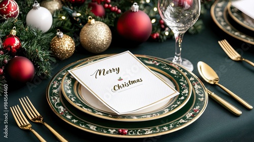 Fototapeta Naklejka Na Ścianę i Meble -  A lavish Christmas table is elegantly arranged with red and green dinnerware, complemented by golden cutlery and festive ornaments, creating a warm and inviting atmosphere