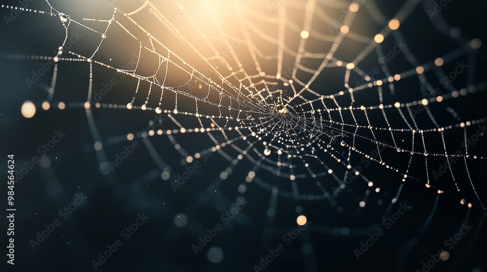 Close-up view of a spider web adorned with dewdrops, reflecting light in a dark background, creating a magical and intricate pattern. Close-up view of a spider web adorned with dewdrops, reflecting light in a dark background, creating a magical and intricate pattern.