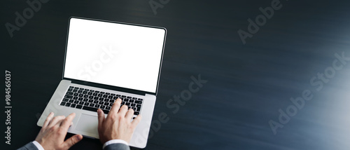 Close up of male hands and laptop with blank screen. Mock-up of computer monitor. Copyspace ready for design or text. Transparent screen, cut out. PNG photo