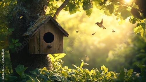 A wooden birdhouse in a tree with a bird flying away at sunset.