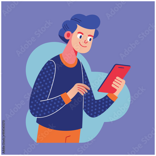 Person Holding Smartphone – Casual Character Messaging and Scrolling Vector Download