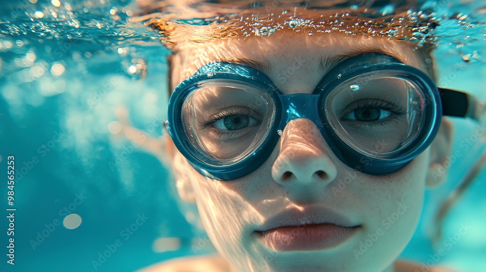 Naklejka premium Young woman in goggles and cap swimming underwater in pool 