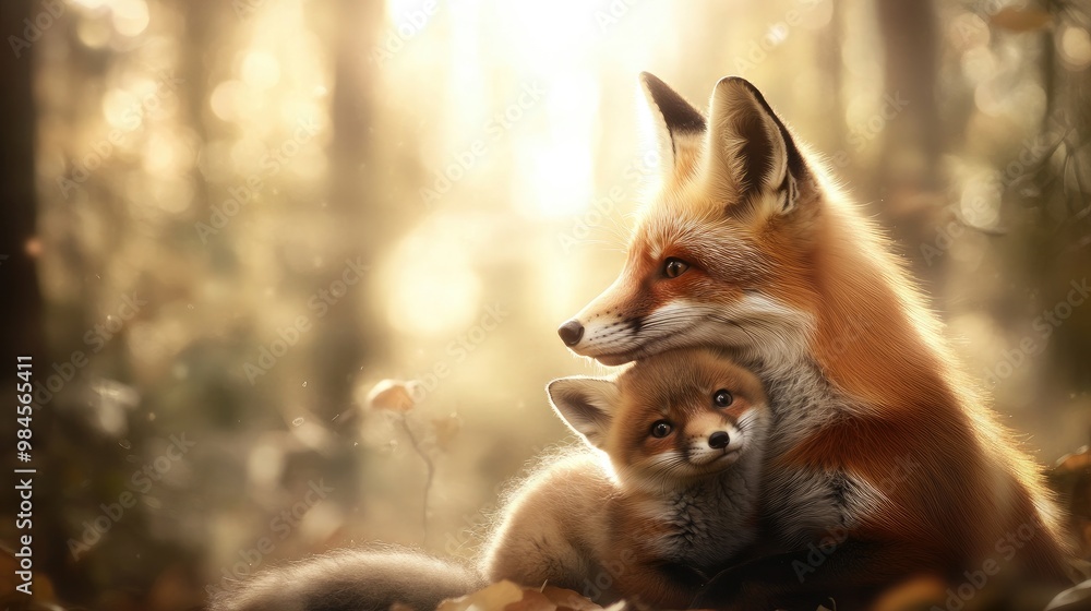 Obraz premium A mother fox and her cub sit together in a serene forest, surrounded by autumn leaves, as warm sunlight filters through the trees at sunset