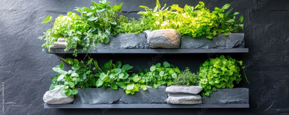 Stylish vertical herb garden on a dark background, showcasing fresh greenery in sleek planters and stones. Stylish vertical herb garden on a dark background, showcasing fresh greenery in sleek planters and stones.