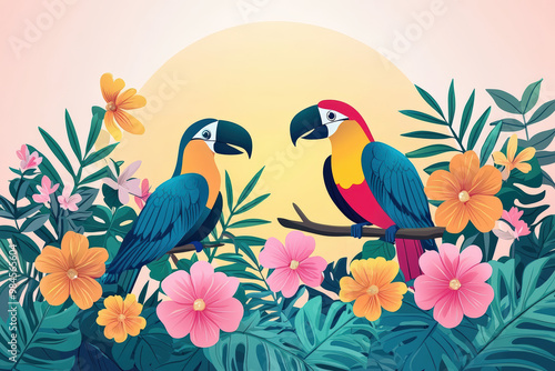 Colorful parrots sit among vibrant flowers and lush greenery, creating lively tropical scene. soft background enhances beauty of floral arrangement, evoking sense of tranquility and joy