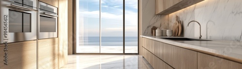 Modern kitchen interior with wooden cabinets  large windows  and a view of the sea  creating a bright and serene atmosphere.
