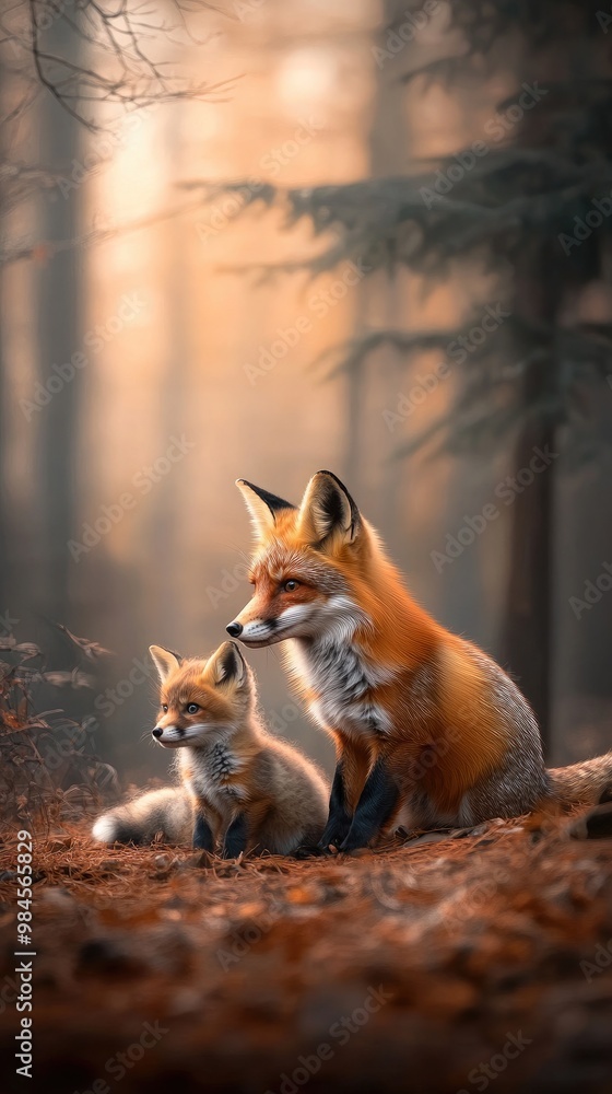 Obraz premium A mother fox and her cub sit together in a serene forest, surrounded by autumn leaves, as warm sunlight filters through the trees at sunset