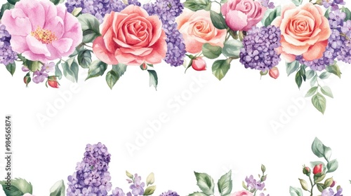 Floral border garland featuring roses peonies and lilacs in watercolor