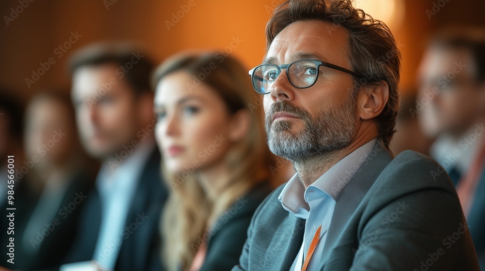 A group of business people at a conference or meeting, sitting in arow and listening to a presentation. Highlighting the focus and engagement of attendees. A group of business people at a conference or meeting, sitting in arow and listening to a presentation. Highlighting the focus and engagement of attendees.