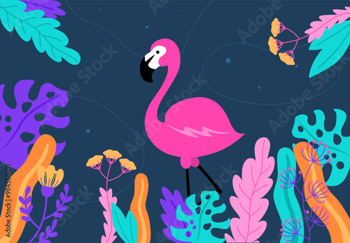 Flamengo in tropics. Pink feahtered bird with colorful tropical and exotic leaves. African flora and fauna. Biology and zoology. Flat vector illustration photo