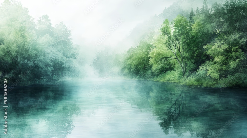 Tranquil river scene surrounded by lush greenery and mist, capturing the essence of nature's beauty and serenity. Tranquil river scene surrounded by lush greenery and mist, capturing the essence of nature's beauty and serenity.