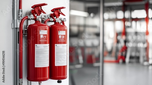 Wallpaper Mural Two red fire extinguishers mounted on a wall, emphasizing safety in a modern environment. Torontodigital.ca