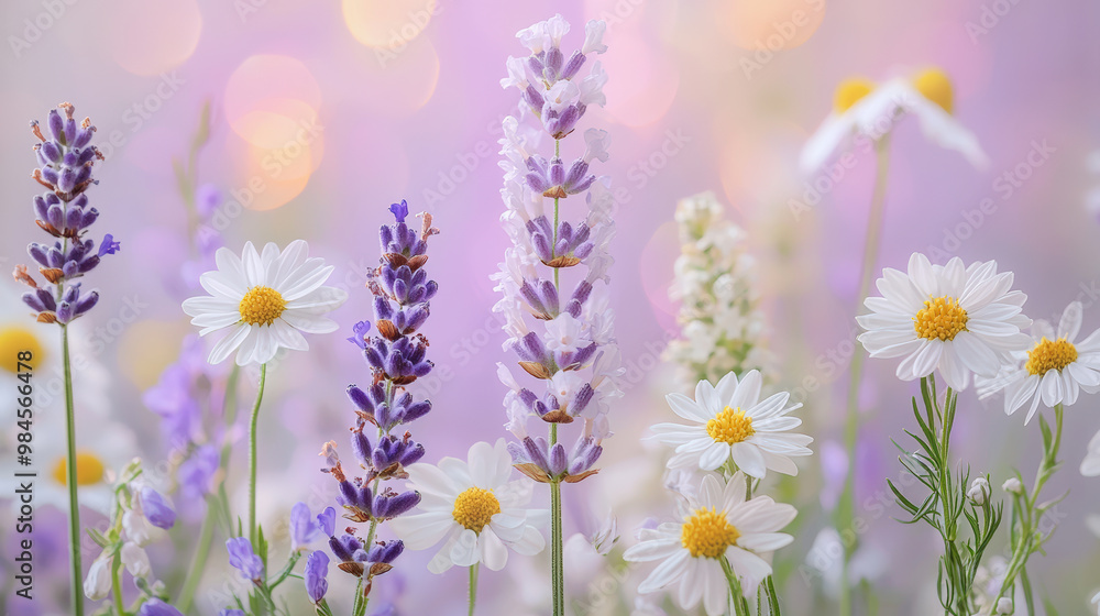 Fototapeta premium Soft pastel wildflowers including lavender and chamomile create serene and calming atmosphere, perfect for nature lovers and floral enthusiasts