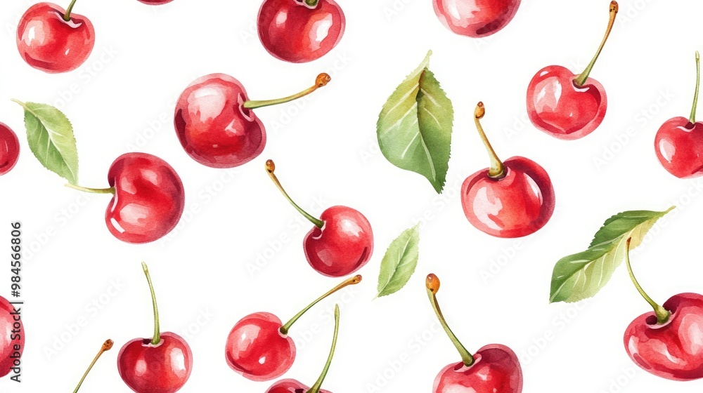 Seamless watercolor pattern featuring hand drawn cherry berries Summer fruit design on a white background Seamless watercolor pattern featuring hand drawn cherry berries Summer fruit design on a white background