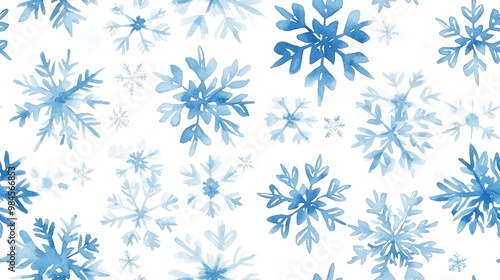 Watercolor seamless pattern featuring delicate winter snowflakes in blue and white hues Organic texture suitable for holiday themed designs such as postcards wrapping invitations prints and banner