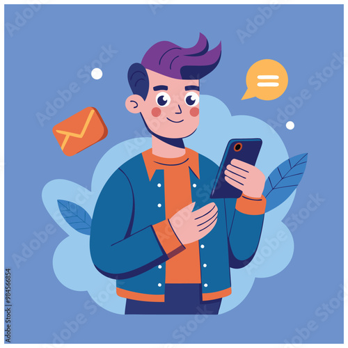 Person Holding Smartphone – Casual Character Messaging and Scrolling Vector Download