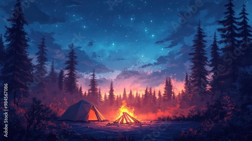 Beneath a vast starry expanse, a cozy campsite unfolds with a glowing campfire flickering amidst towering pines, inviting warmth and connection in the stillness of dusk