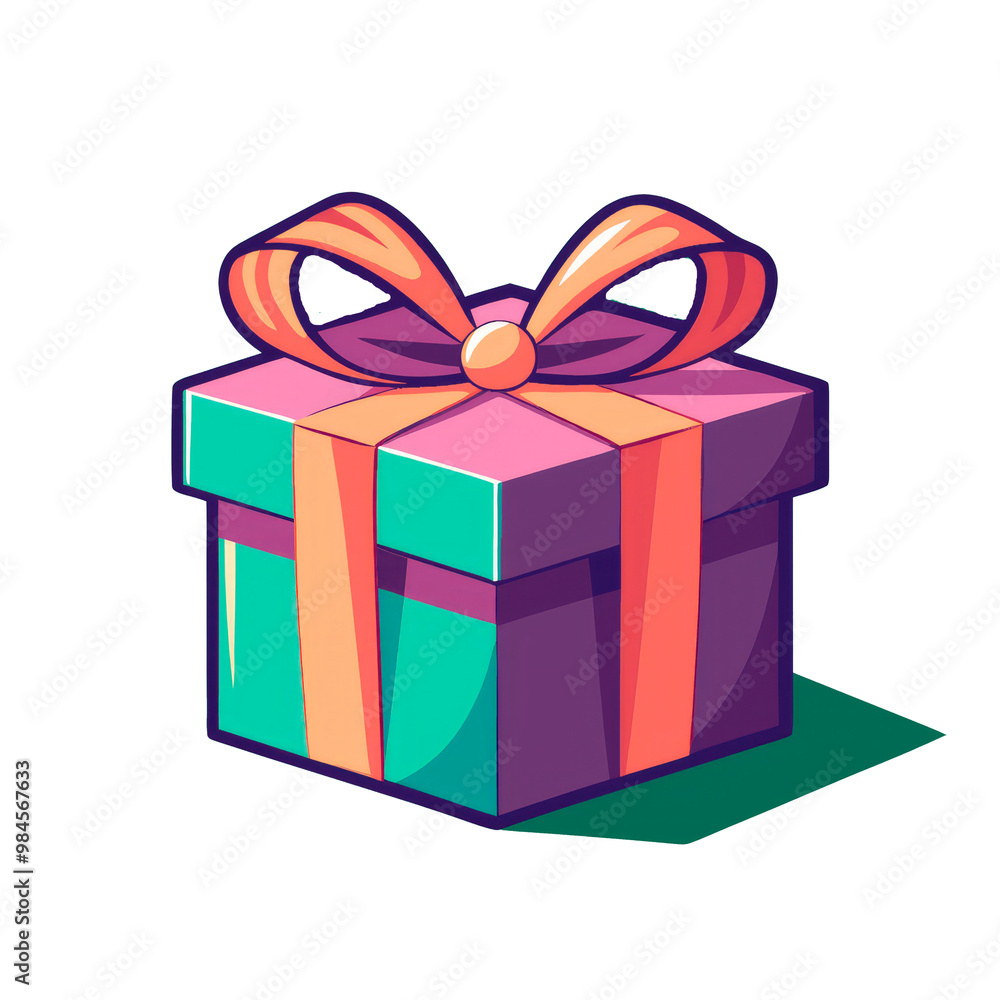 Obraz premium Colorful gift box with a ribbon, stylized with bold colors, against a plain background.