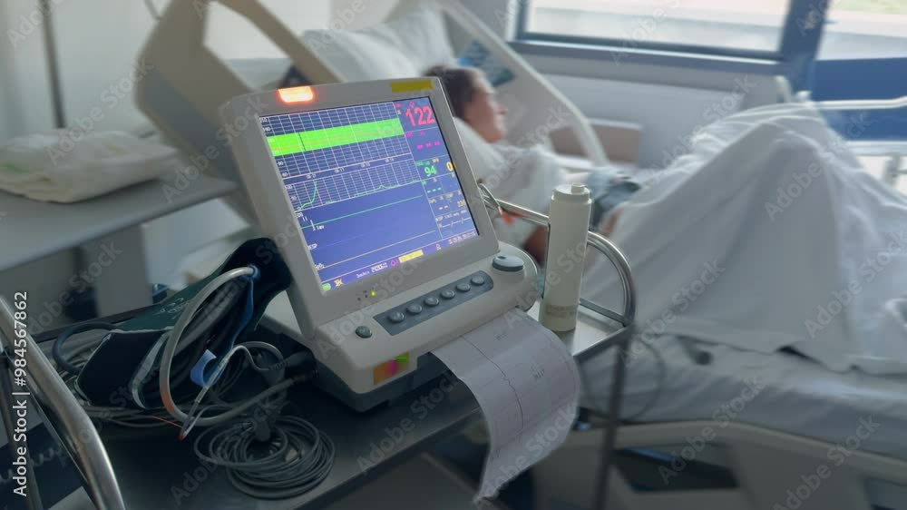 Close-up with the cardiomonitor device that monitors the fetal heart and uterine contractions and prints the cardiogram report that comes out of the electrocardiograph. Modern private hospital Close-up with the cardiomonitor device that monitors the fetal heart and uterine contractions and prints the cardiogram report that comes out of the electrocardiograph. Modern private hospital