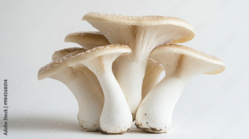 Fototapeta premium A small cluster of King oyster mushrooms standing upright on a plain white backdrop, emphasizing their sturdy structure and soft texture.