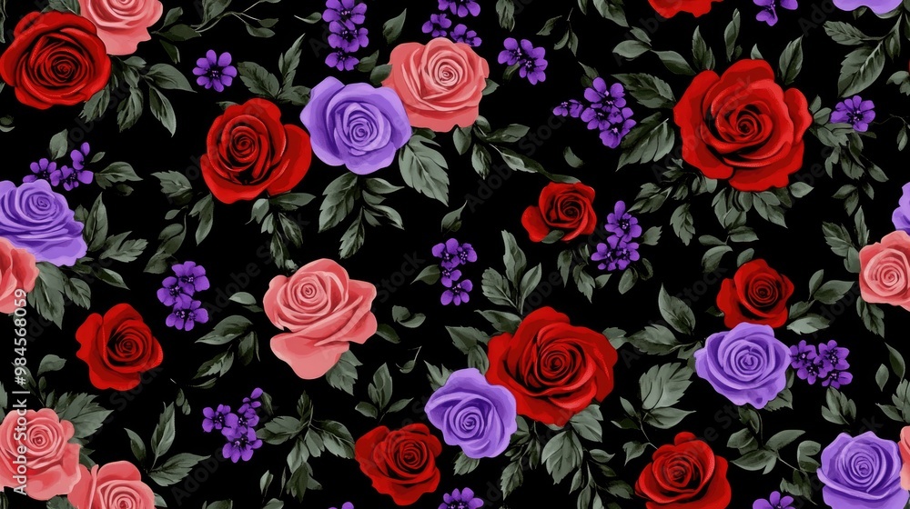 Seamless pattern of small violet and red rose flowers on a black raster background Seamless pattern of small violet and red rose flowers on a black raster background