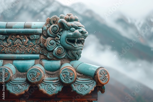 Stone snow lion statue on roof ornaments against backdrop of misty mountains, showcasing traditional architectural detail and serene landscapes