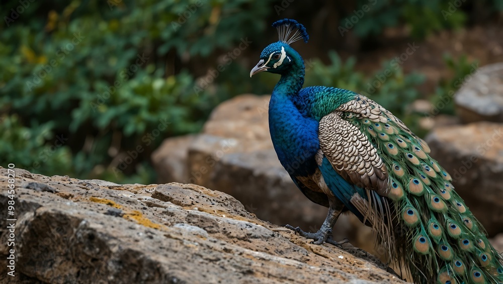 Majestic peacock with vibrant blue and green feathers on a rock. Majestic peacock with vibrant blue and green feathers on a rock.