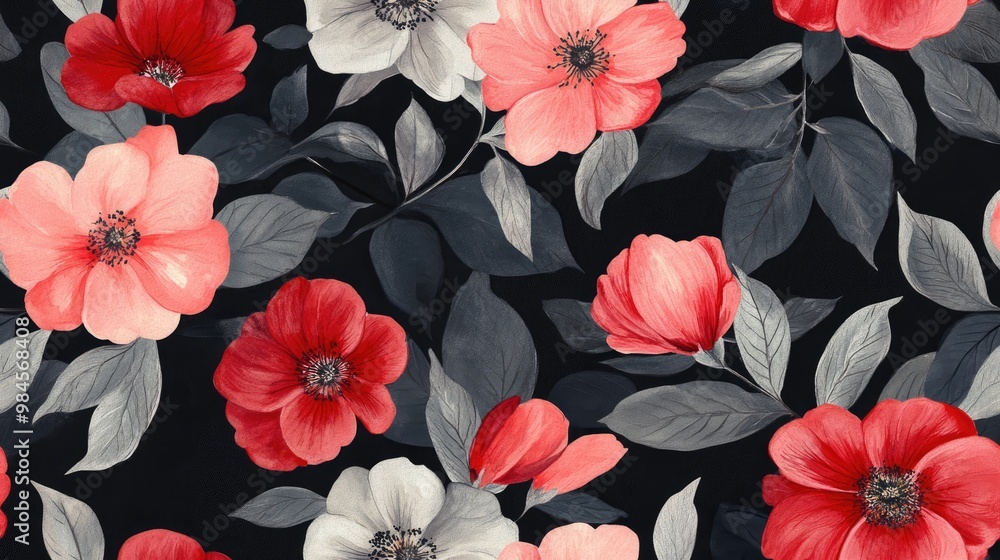 Vibrant hand painted seamless floral patterns featuring red and rose flowers complemented by grey leaves on a soft black background Ideal for wallpaper packaging and textiles Vibrant hand painted seamless floral patterns featuring red and rose flowers complemented by grey leaves on a soft black background Ideal for wallpaper packaging and textiles