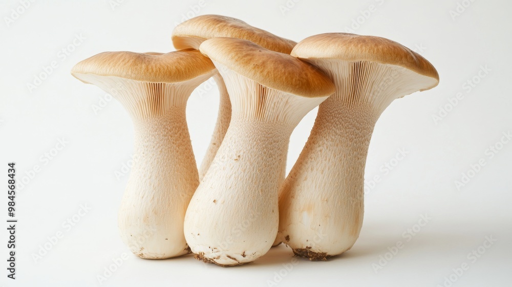 A small cluster of King oyster mushrooms standing upright on a plain white backdrop, emphasizing their sturdy structure and soft texture. A small cluster of King oyster mushrooms standing upright on a plain white backdrop, emphasizing their sturdy structure and soft texture.