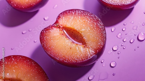 A plum slice in mid-fall on a pastel purple background, with juice droplets suspended. photo