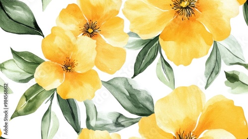 Vibrant watercolor pattern featuring large yellow flowers and leaves of a healing plant set against a white background Seamless spring design with a bold print