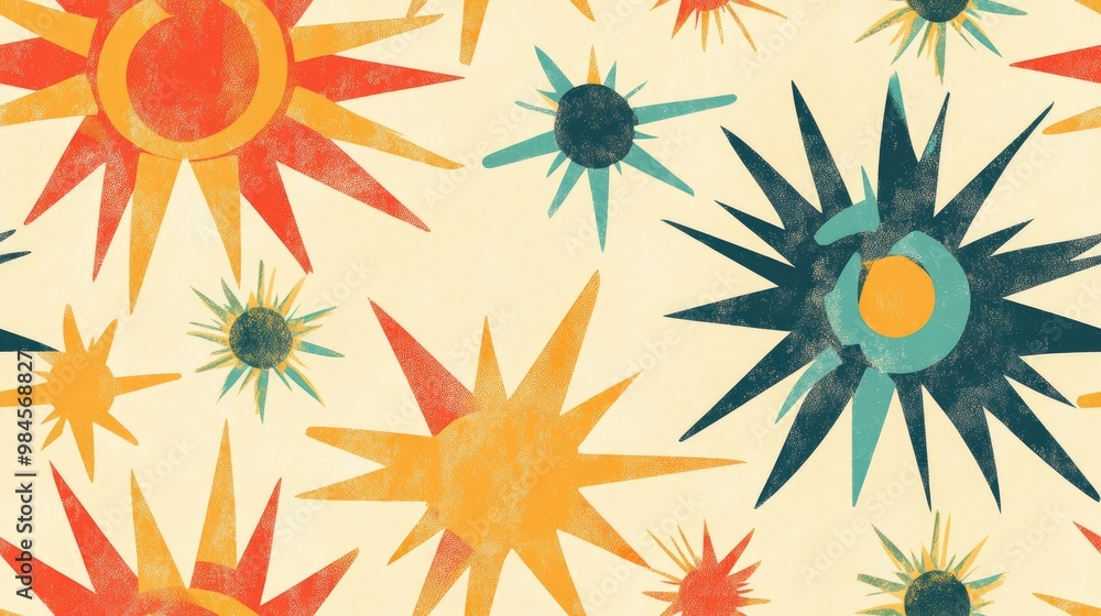 Seamless pattern featuring a multicolor geometric sun design Seamless pattern featuring a multicolor geometric sun design