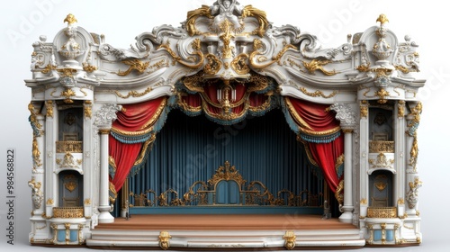 An ornate theater stage with rich decorations and vibrant curtains ready for a performance.