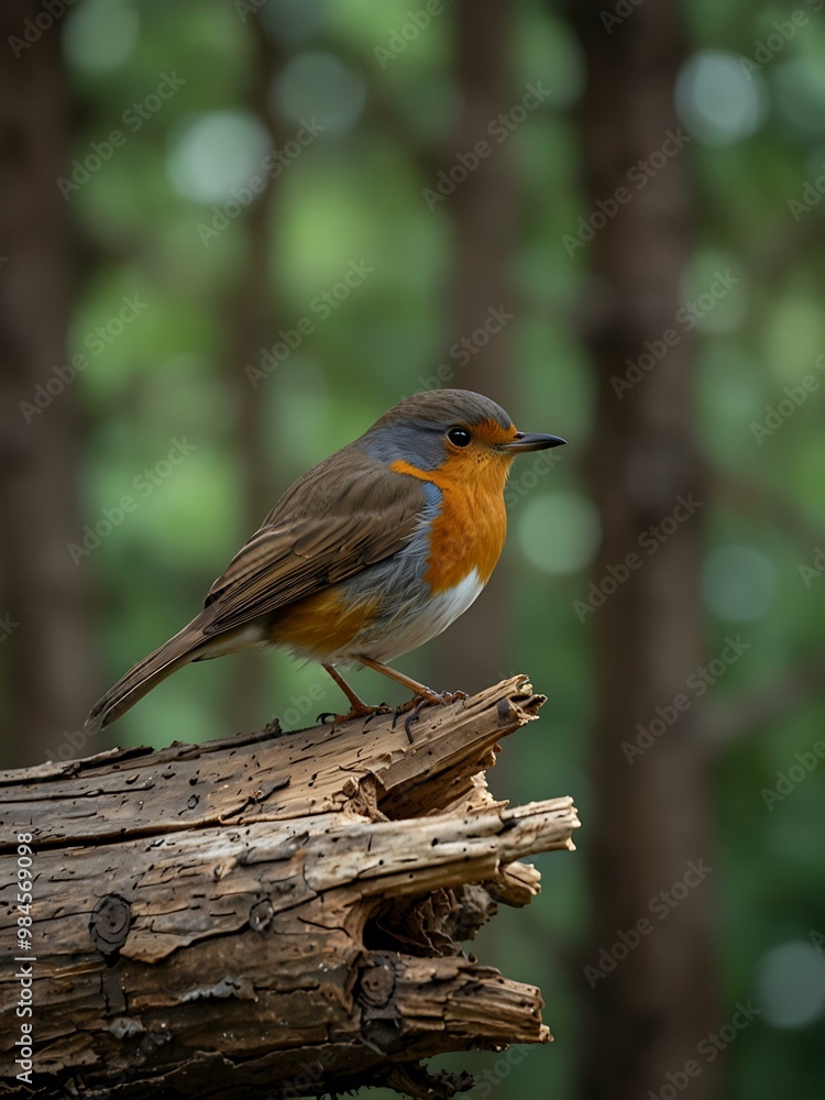 Male robin perched on a dead tree in a forest. Male robin perched on a dead tree in a forest.