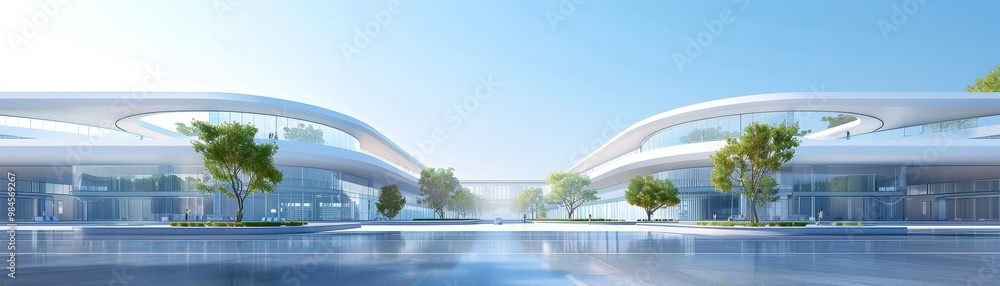 Fototapeta premium A modern architectural design featuring sleek buildings, a serene water feature, and lush greenery under a clear sky.