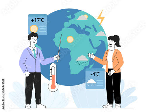 People with weather forecast. Woman and man with pointer near planet. Weather forecast and meteorological show presenters on TV. Meteorologists in studio. Linear vector illustration