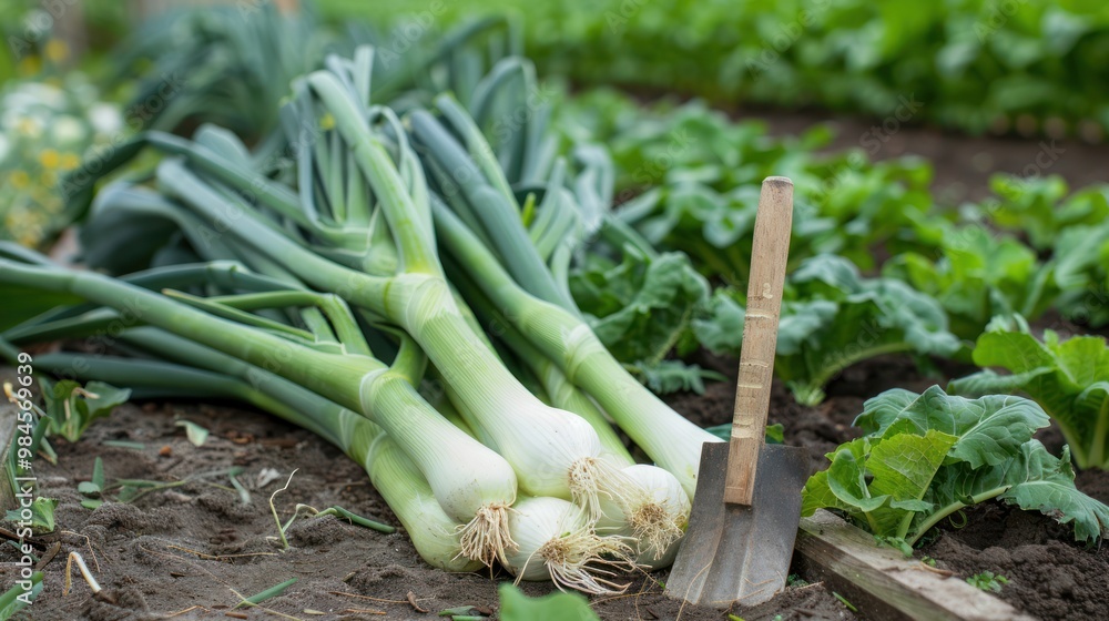 Fototapeta premium Freshly Harvested Leeks in a Garden