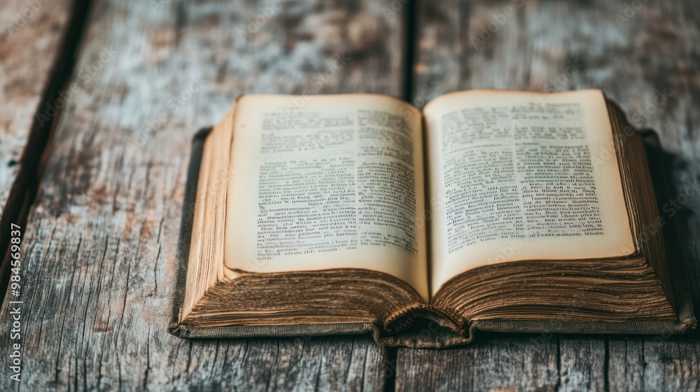 Fototapeta premium An open book rests on a rustic wooden surface, showcasing its pages and texture.