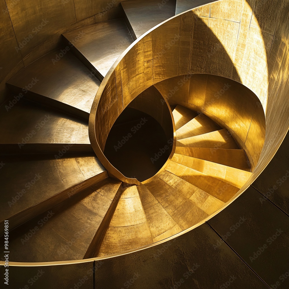Fototapeta premium Elegance in Architecture: Golden Spiral Staircase with Modern Details Exuding Luxury and Drama, Ideal for Real Estate and Artistic Concepts