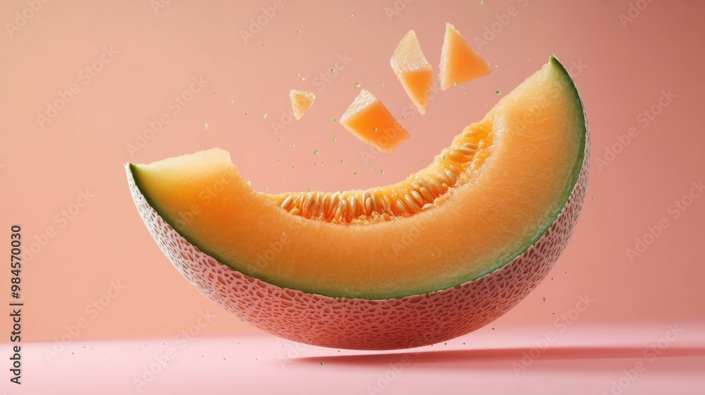 Cantaloupe slice falling, orange flesh glowing against a pastel peach background. Cantaloupe slice falling, orange flesh glowing against a pastel peach background.