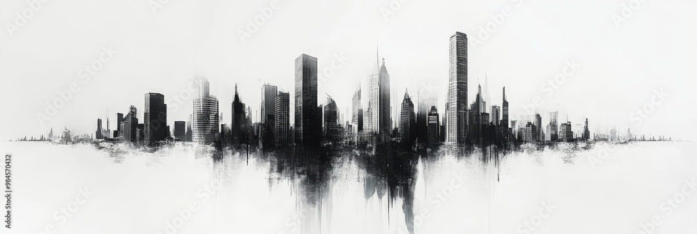 This captivating artwork features a vibrant city skyline made of unique abstract shapes in bold black and white, highlighting contrasting tones and smooth textures, evoking modernity and creativity This captivating artwork features a vibrant city skyline made of unique abstract shapes in bold black and white, highlighting contrasting tones and smooth textures, evoking modernity and creativity