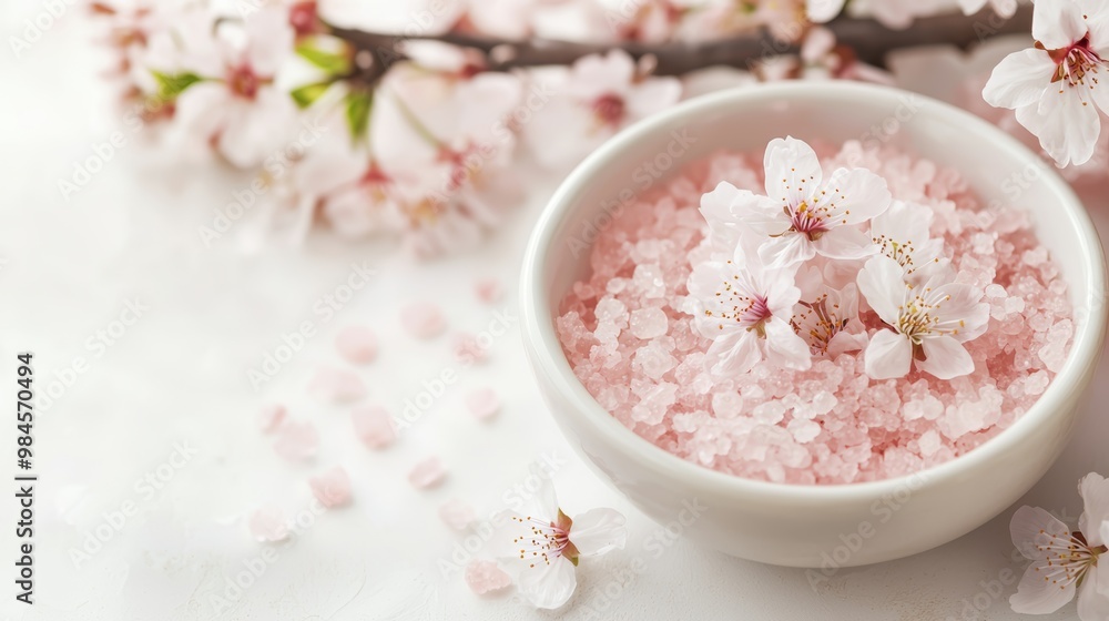 A peaceful spa scene with pink salts, delicate cherry blossom flowers, and soft pastel tones. A peaceful spa scene with pink salts, delicate cherry blossom flowers, and soft pastel tones.