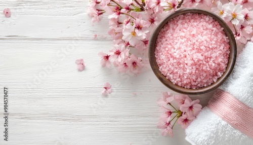 A peaceful self-care moment with pink bath salts, soft towels, and cherry blossoms resting on a rustic table. photo