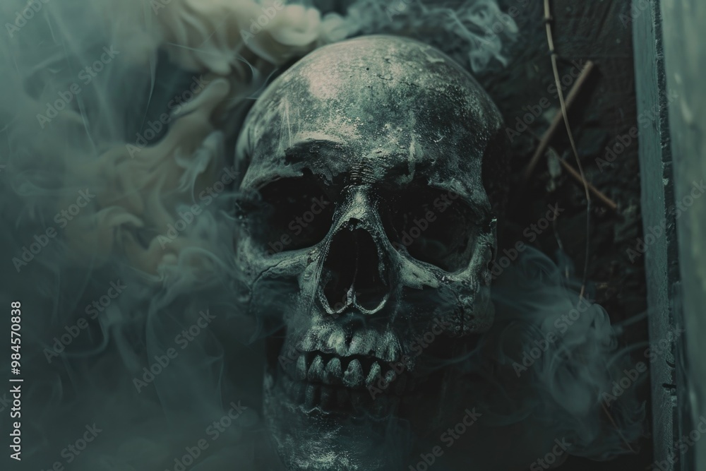A detailed image of a skull with smoke emitting from it, suitable for use in illustrations or graphics related to Halloween or the supernatural A detailed image of a skull with smoke emitting from it, suitable for use in illustrations or graphics related to Halloween or the supernatural
