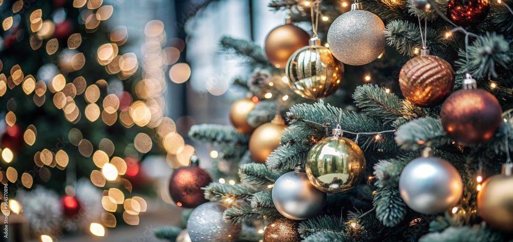 Christmas Tree With Baubles balls And Blurred Shiny Lights ornaments decoration Christmas Tree With Baubles balls And Blurred Shiny Lights ornaments decoration