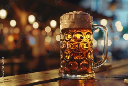 A glass of beer sitting on a wooden table, great for use in bars, pubs, or home decorations photo