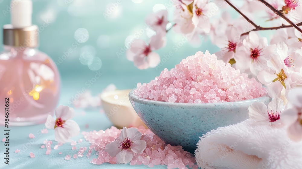 A soft, feminine spa scene with pink bath salts, blooming cherry blossoms, and a peaceful atmosphere. A soft, feminine spa scene with pink bath salts, blooming cherry blossoms, and a peaceful atmosphere.