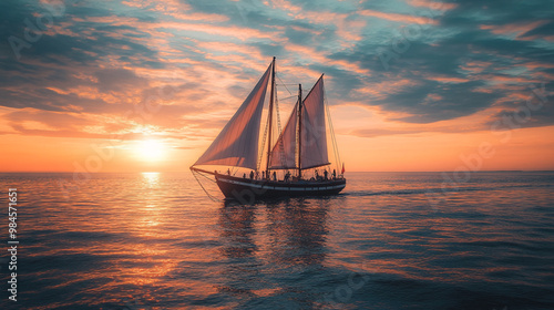 A sailing ship glides across calm waters during a vibrant sunset on Columbus Day