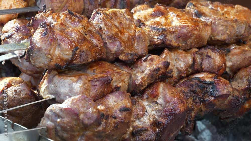 Meat on skewers. Grilled shashliks in a shashlik shop Meat on skewers. Grilled shashliks in a shashlik shop
